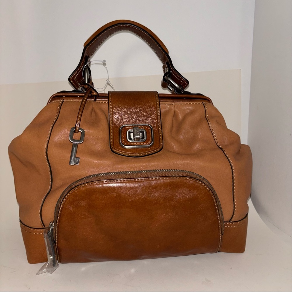 Fossil Paloma Frame Doctor Satchel Brown Leather Bag Turnlock Key Charm - Picture 5 of 13